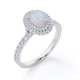 1.75 Carat Egg Shape Ethiopian Opal and Moissanite - Pave Set - Double Halo Cluster Engagement Ring - 18K White Gold Plating over Silver