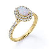 1.75 Carat Egg Shape Ethiopian Opal and Moissanite - Pave Set - Double Halo Cluster Engagement Ring - 18K White Gold Plating over Silver