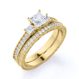1.25 ct - Princess Cut Moissanite - Pave - Three Stone Ring - Victorian Style - Vintage Wedding Ring Set