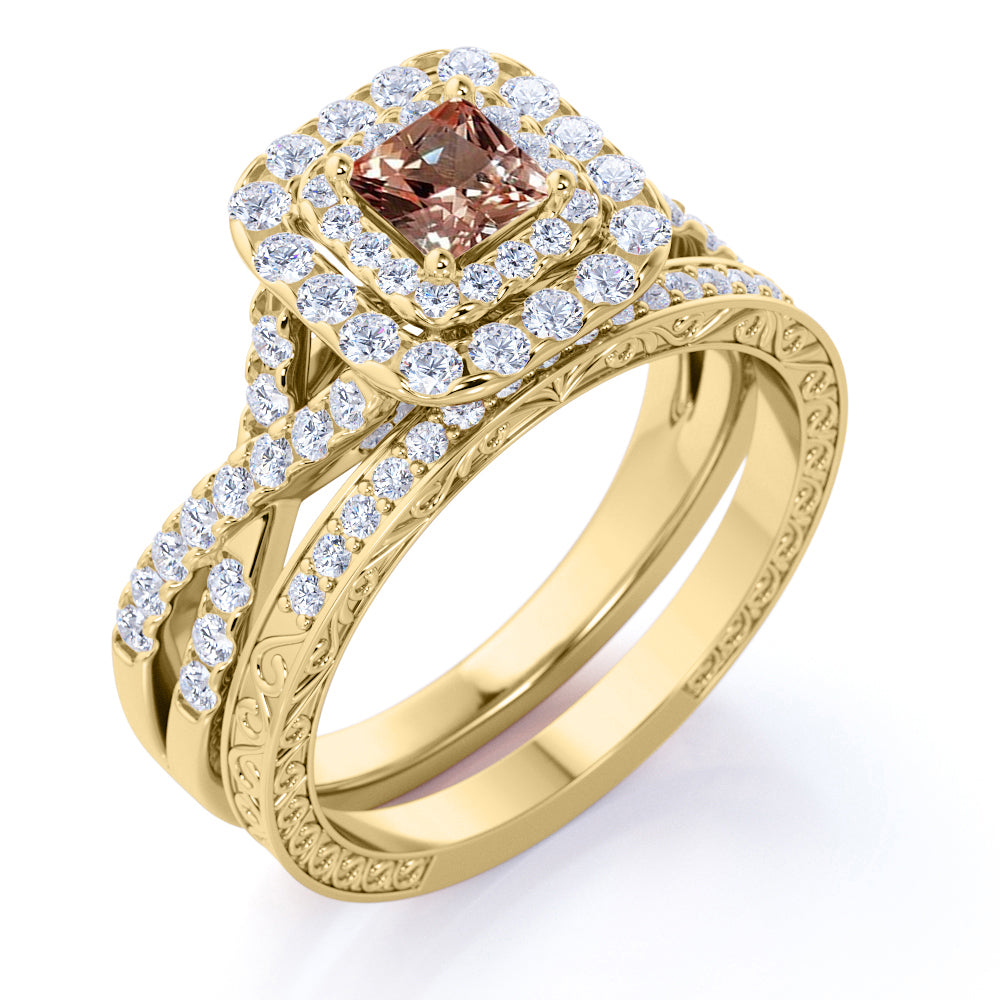 1.25 carat - Princess Cut - Champagne created morganite - Double Halo - Twisted Band - Vintage Inspired - Wedding Ring Set in 18K Rose Gold over Silver