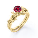 Nature Inspired 1 ct Round Lab-Created Ruby Wedding Set