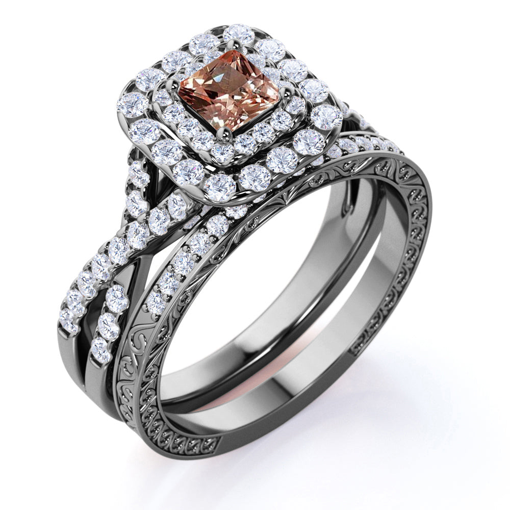 1.25 carat - Princess Cut - Champagne created morganite - Double Halo - Twisted Band - Vintage Inspired - Wedding Ring Set in 18K Rose Gold over Silver