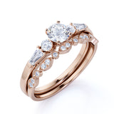 1.50 ct - Circle Cut Moissanite - Vintage - 5 Stone Ring - Art Deco - Scalloped - Wedding Set - 18K White Gold over Silver