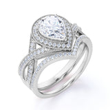 1.5 Carat Pear Cut Moissanite Wedding Set - Bridal Set - Art Deco Ring - Halo Ring - Cluster Ring - 18k Rose Gold Over Silver