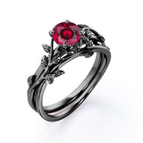 Nature Inspired 1 ct Round Lab-Created Ruby Wedding Set