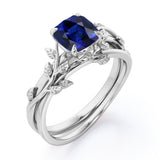 Floral 1 Ct Cushion Cut Lab Sapphire Wedding Ring Set