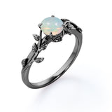 Botanical Design - 0.50 Carat Round Shaped White Fiery Opal - Solitaire Engagement Ring - 18K White Gold Plating over Silver