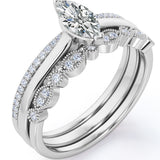 2 Prong Pave Set - 2 Carat Cubic Zirconia Marquise Cut - Art Deco Milgrain Filigree - Solitaire Engagement Ring - Trio Bridal Ring Set - 18K White Gold Plating over Silver