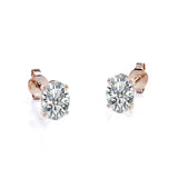 Certified - 1 Carat Ovate Moissanite - 4 Prong Solitaire Stud Earrings - 18K Rose Gold Plating Over Silver