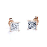 Certified 2 Carat Princess Cut Moissanite 4 Prong Solitaire Stud Earrings In 18K Rose Gold Plating Over Silver