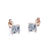 Certified 2 Carat Cushion Cut Moissanite 4 Prong Solitaire Stud Earrings In 18K Rose Gold Plating Over Silver