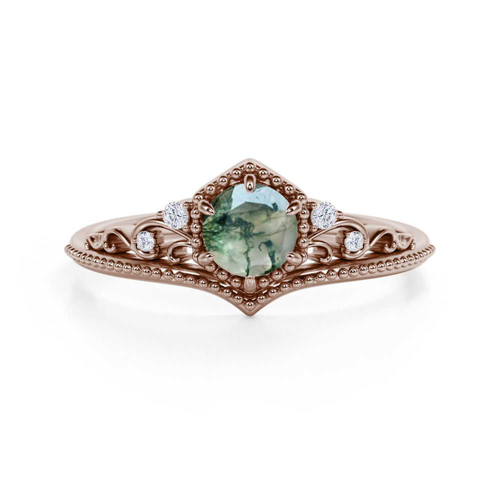 0.75 Ct Round Green Moss Agate Vintage Engagement Ring