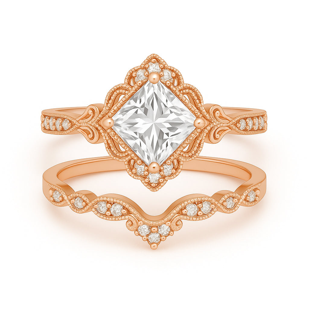 1.35 Ct Princess Cut Moissanite Vintage Bridal Set