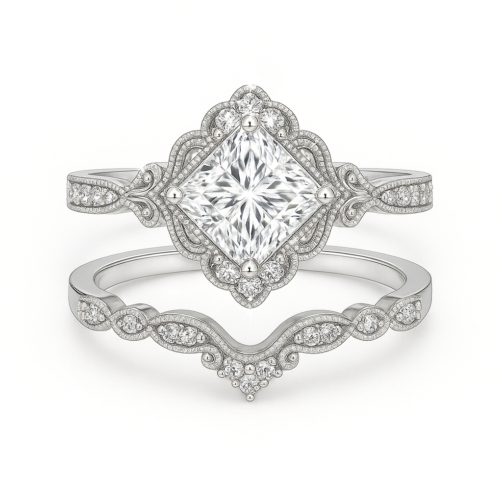 1.35 Ct Princess Cut Moissanite Vintage Bridal Set