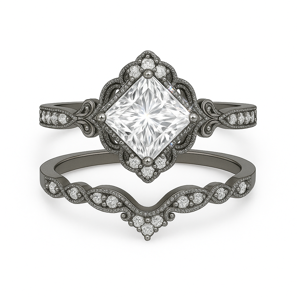 1.35 Ct Princess Cut Moissanite Vintage Bridal Set