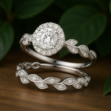 Vintage Leaf 1.60 Ct Round Moissanite Halo Bridal Set