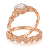 Vintage Leaf 1.60 Ct Round Moissanite Halo Bridal Set