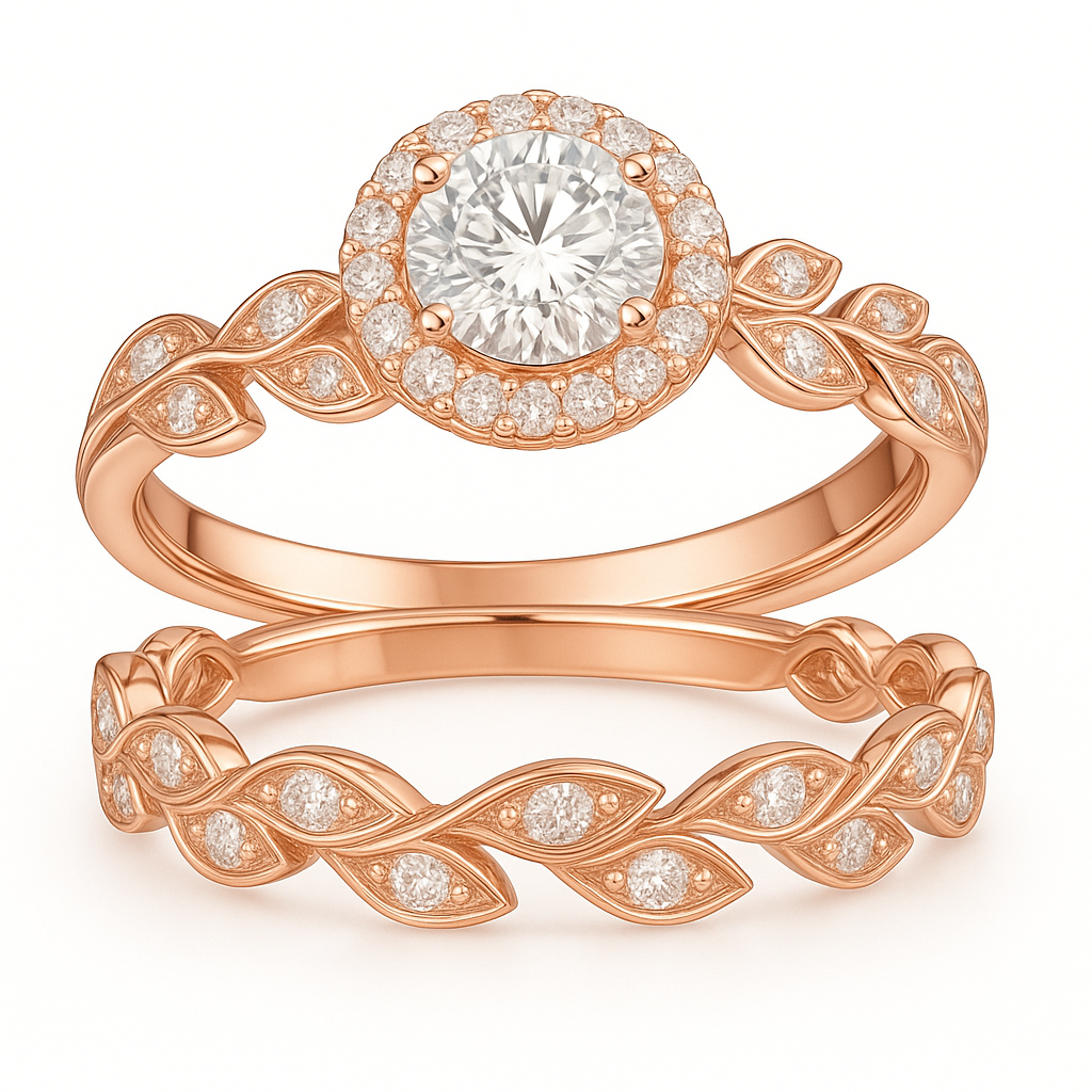 Vintage Leaf 1.60 Ct Round Moissanite Halo Bridal Set