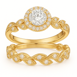 Vintage Leaf 1.60 Ct Round Moissanite Halo Bridal Set