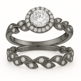 Vintage Leaf 1.60 Ct Round Moissanite Halo Bridal Set