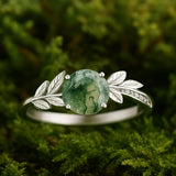 1.05 Ct Round Green Moss Agate Leaf Engagement Ring
