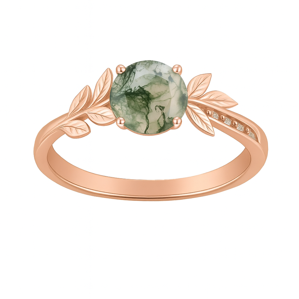 1.05 Ct Round Green Moss Agate Leaf Engagement Ring