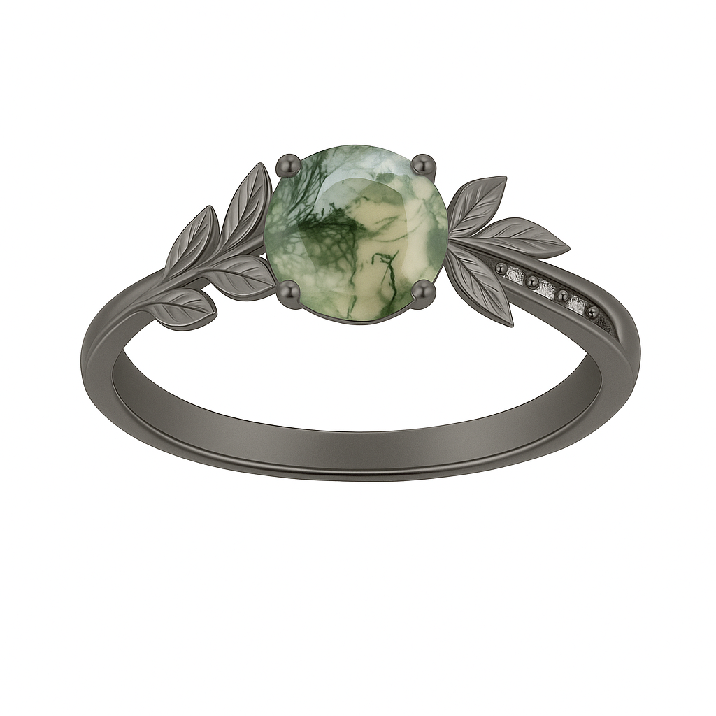 1.05 Ct Round Green Moss Agate Leaf Engagement Ring