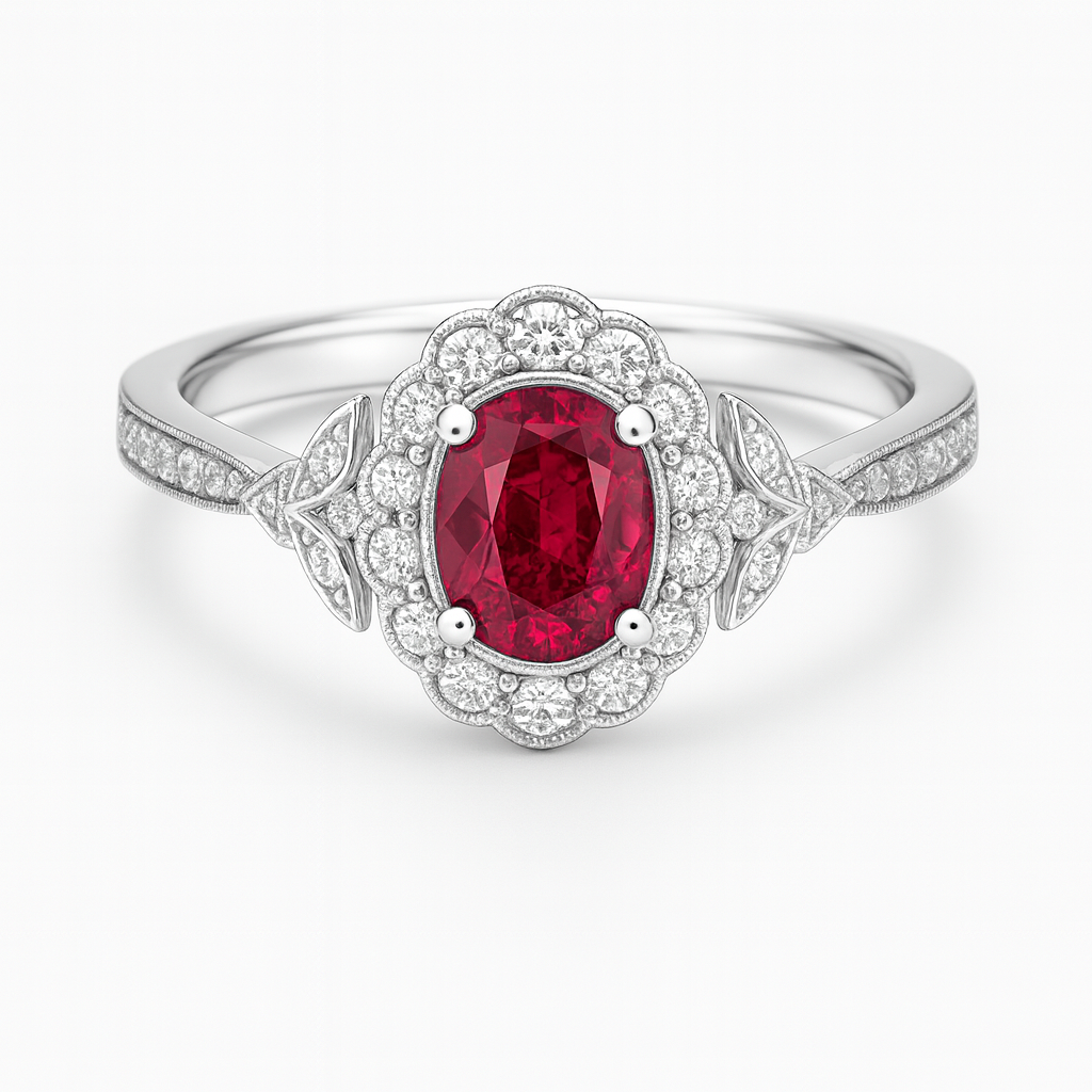 1.20 Ct Oval Cut Vintage Lab Ruby Halo Engagement Ring