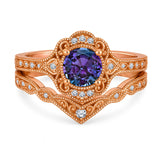 1.20 Ct Round Vintage Alexandrite Milgrain Bridal Ring Set