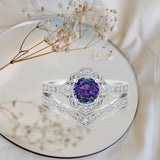 1.20 Ct Round Vintage Alexandrite Milgrain Bridal Ring Set