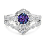 1.20 Ct Round Vintage Alexandrite Milgrain Bridal Ring Set