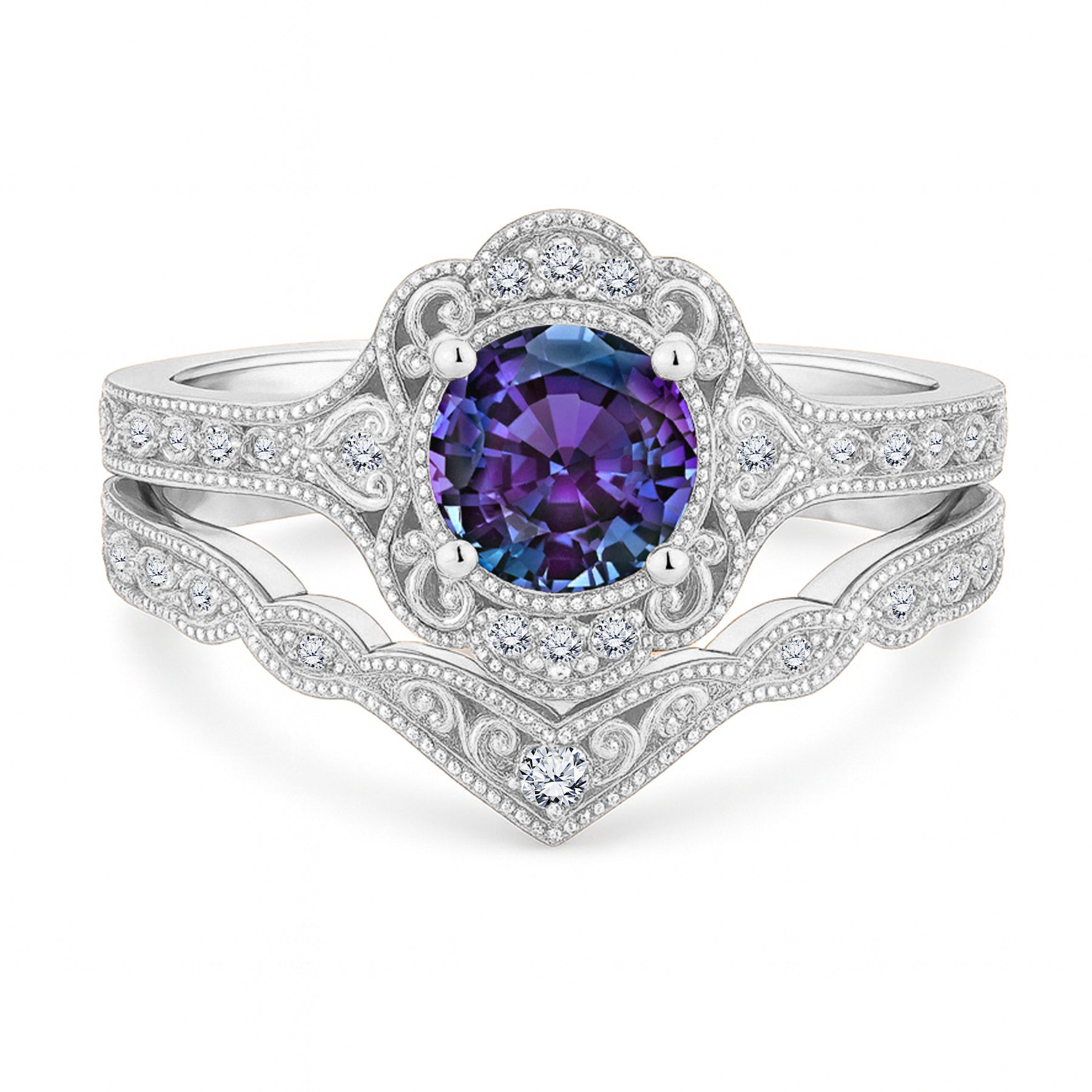 1.20 Ct Round Vintage Alexandrite Milgrain Bridal Ring Set