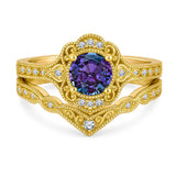1.20 Ct Round Vintage Alexandrite Milgrain Bridal Ring Set