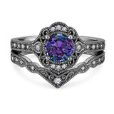 1.20 Ct Round Vintage Alexandrite Milgrain Bridal Ring Set