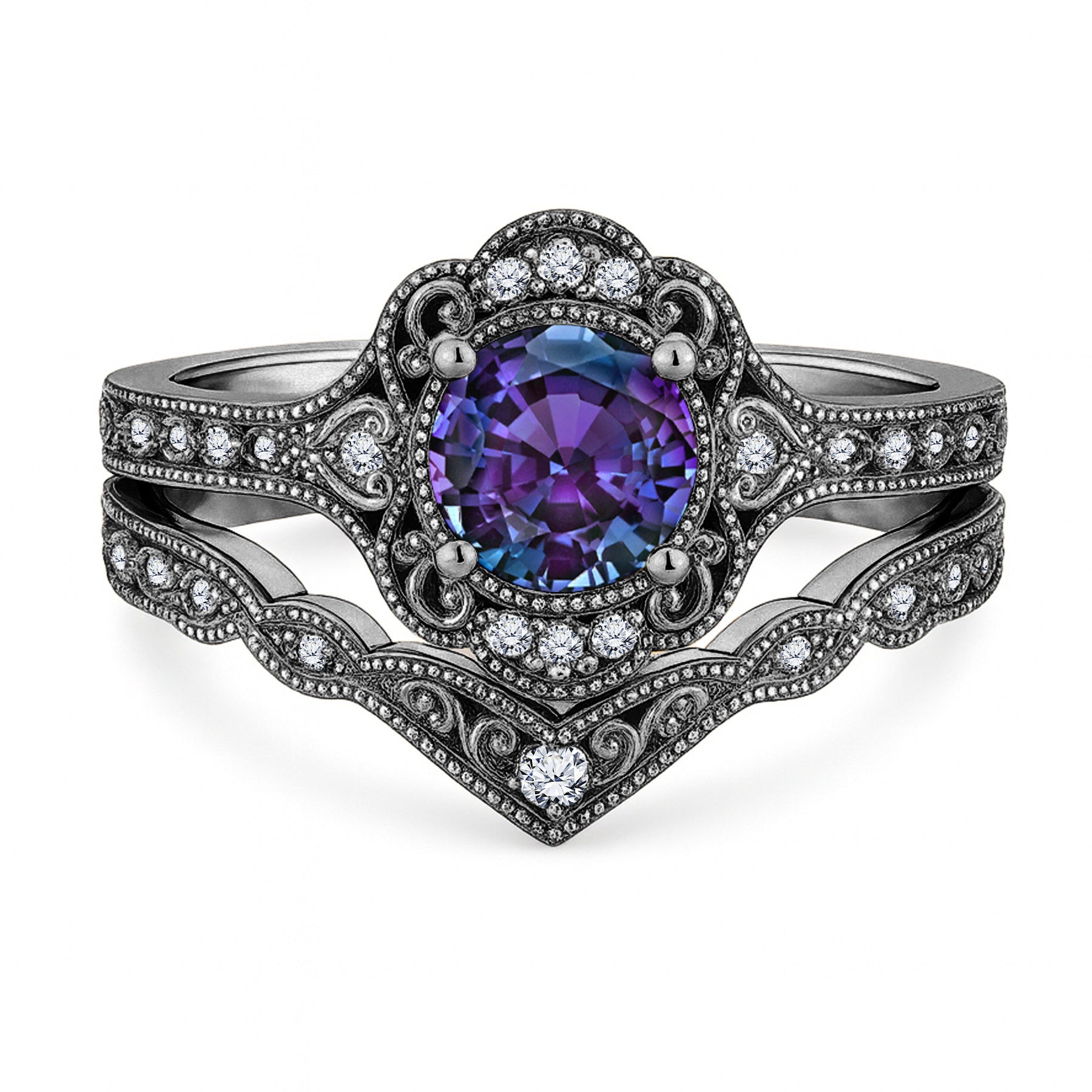 1.20 Ct Round Vintage Alexandrite Milgrain Bridal Ring Set
