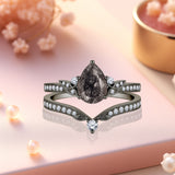1.35 Ct Pear Cut Milgrain Black Rutilated Quartz Bridal Set
