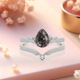 1.35 Ct Pear Cut Milgrain Black Rutilated Quartz Bridal Set
