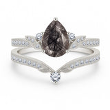 1.35 Ct Pear Cut Milgrain Black Rutilated Quartz Bridal Set