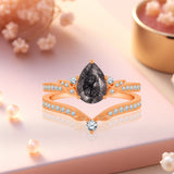 1.35 Ct Pear Cut Milgrain Black Rutilated Quartz Bridal Set