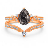 1.35 Ct Pear Cut Milgrain Black Rutilated Quartz Bridal Set