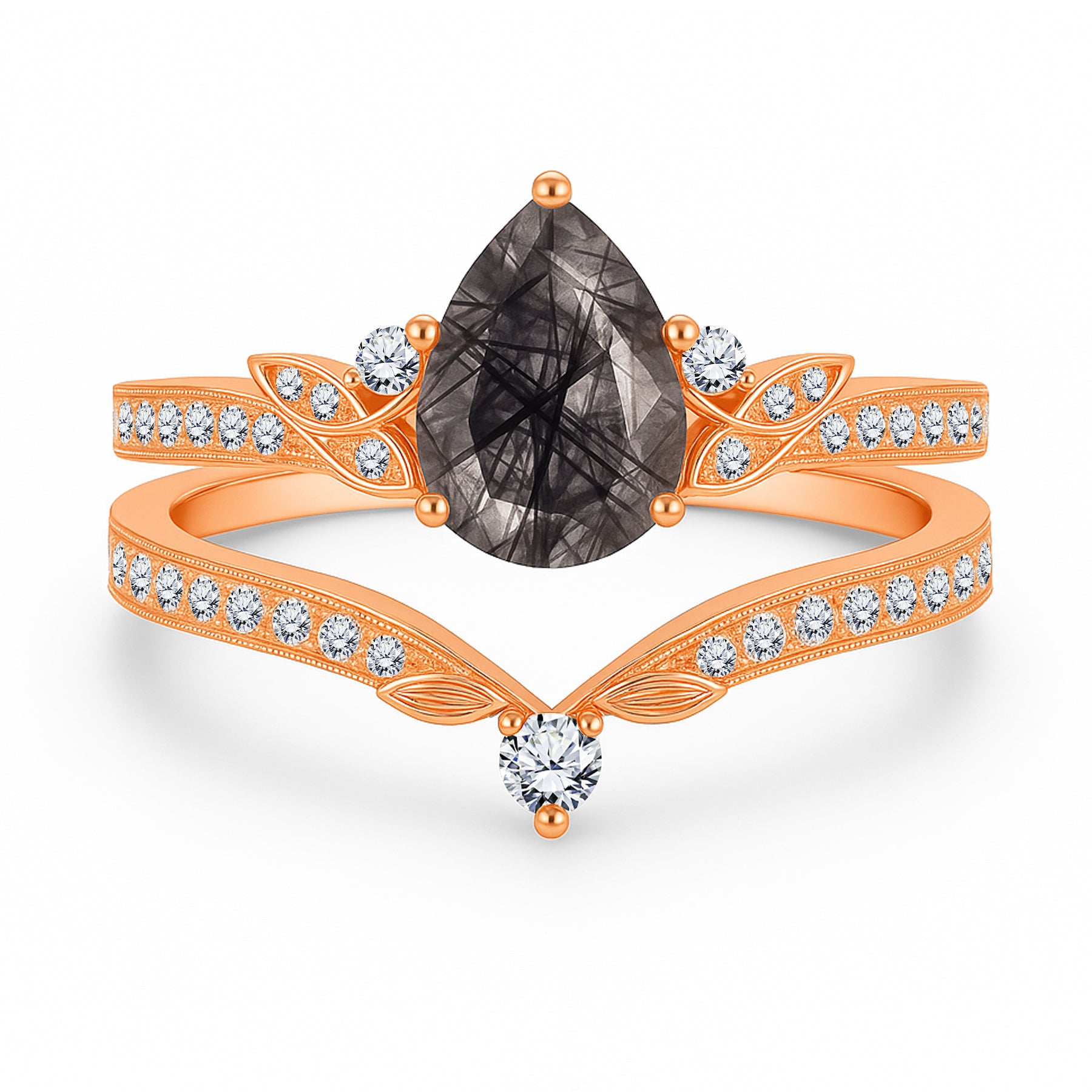 1.35 Ct Pear Cut Milgrain Black Rutilated Quartz Bridal Set