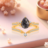 1.35 Ct Pear Cut Milgrain Black Rutilated Quartz Bridal Set