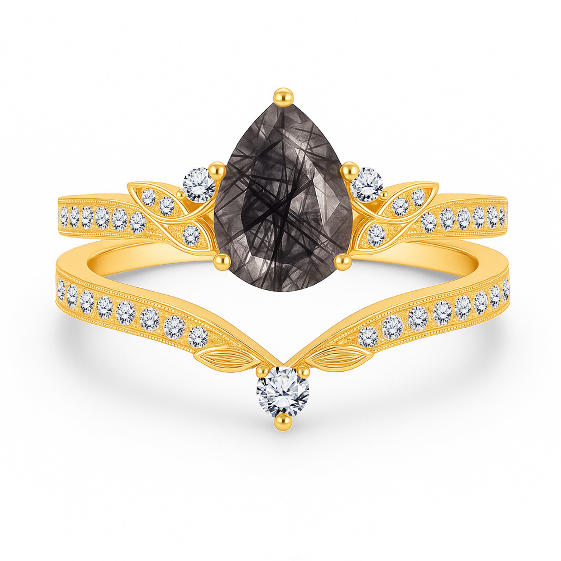 1.35 Ct Pear Cut Milgrain Black Rutilated Quartz Bridal Set