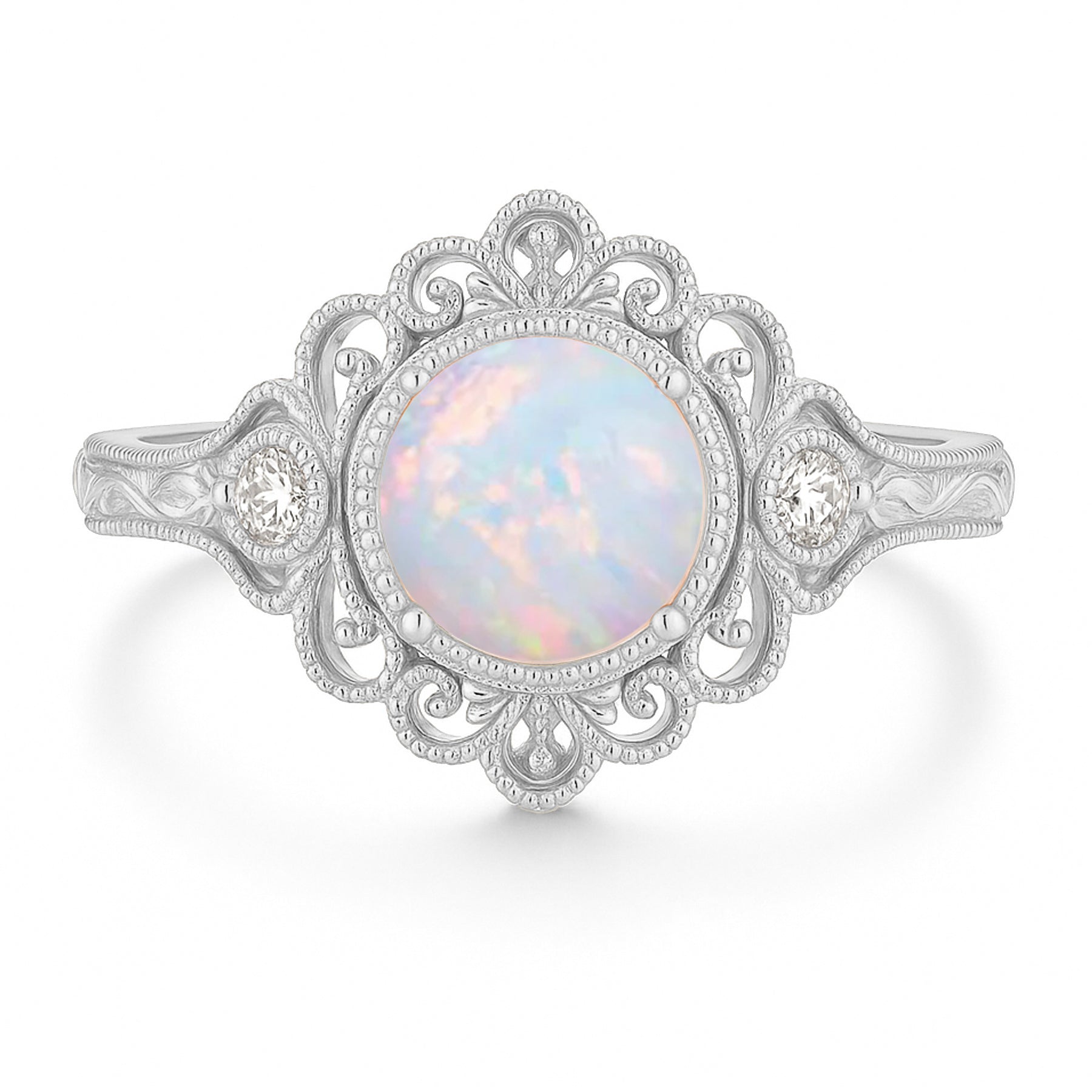 Vintage 1.05 Ct Round Cut Lab Created Opal Filigree Engagement Ring