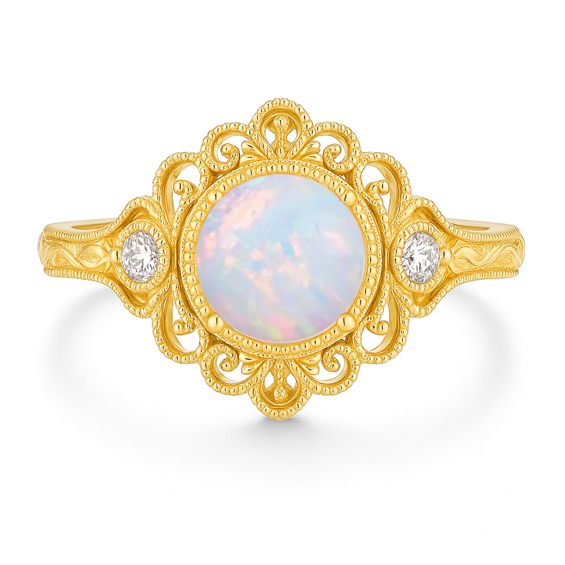 Vintage 1.05 Ct Round Cut Lab Created Opal Filigree Engagement Ring