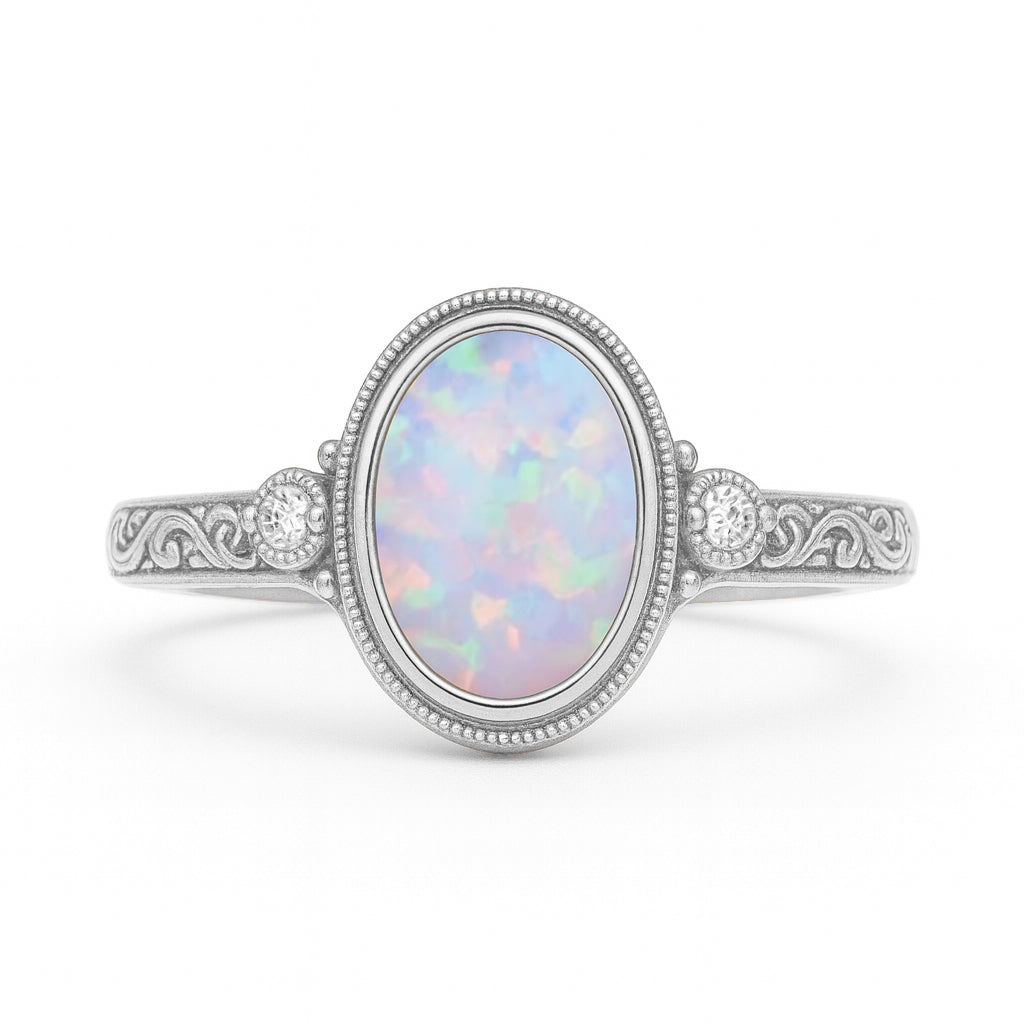 Antique 1.05 Ct Oval Cut Lab Created Opal Engagement Ring