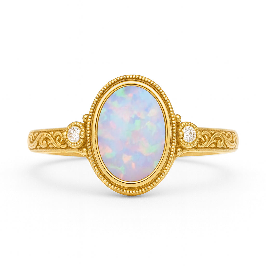 Antique 1.05 Ct Oval Cut Lab Created Opal Engagement Ring