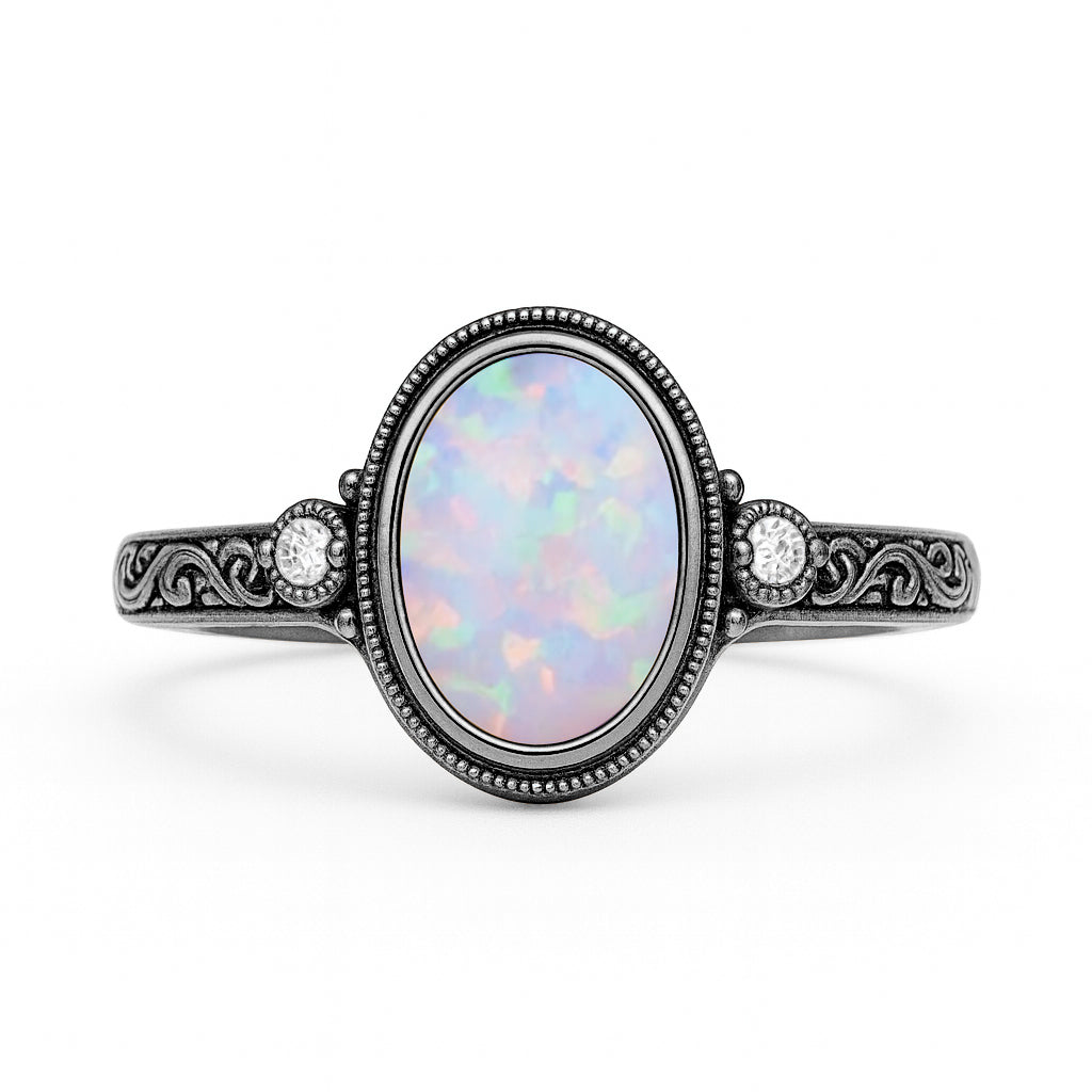 Antique 1.05 Ct Oval Cut Lab Created Opal Engagement Ring