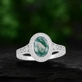 Vintage 1.15 Ct Oval Green Moss Agate Halo Engagement Ring