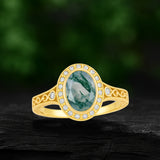 Vintage 1.15 Ct Oval Green Moss Agate Halo Engagement Ring